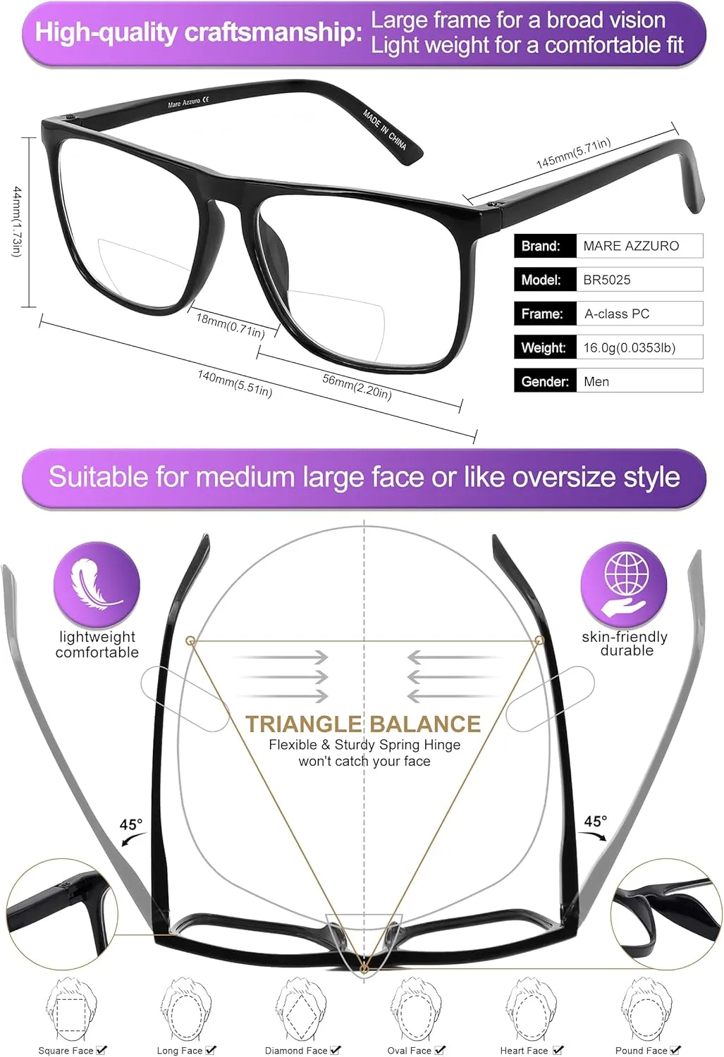 MARE AZZURO Oversized Computer Reading Glasses Men Blue Light Blocking Reader 0 1.0 1.5 2.0 2.5 3.0 3.5 (Black, 0)