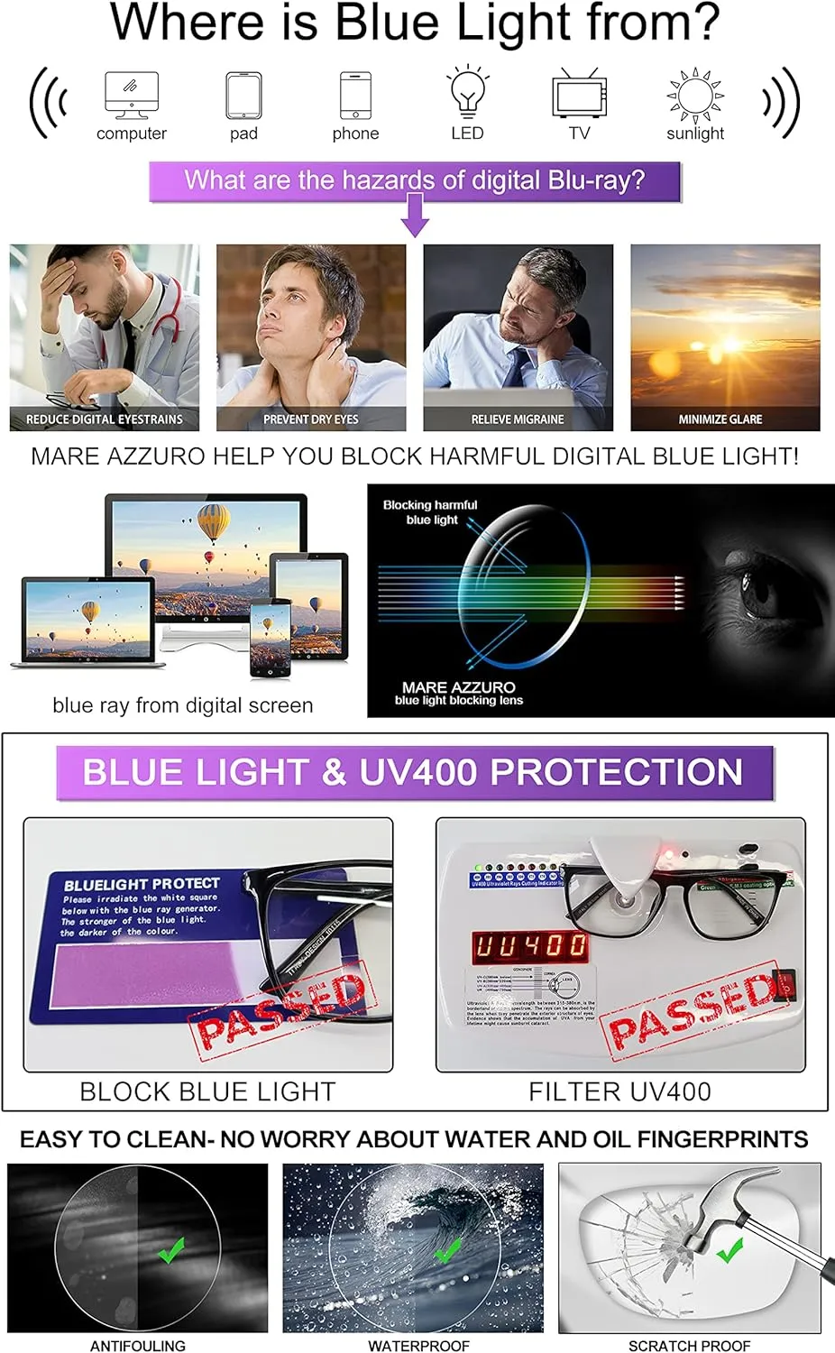 MARE AZZURO Oversized Computer Reading Glasses Men Blue Light Blocking Reader 0 1.0 1.5 2.0 2.5 3.0 3.5 (Black, 0)