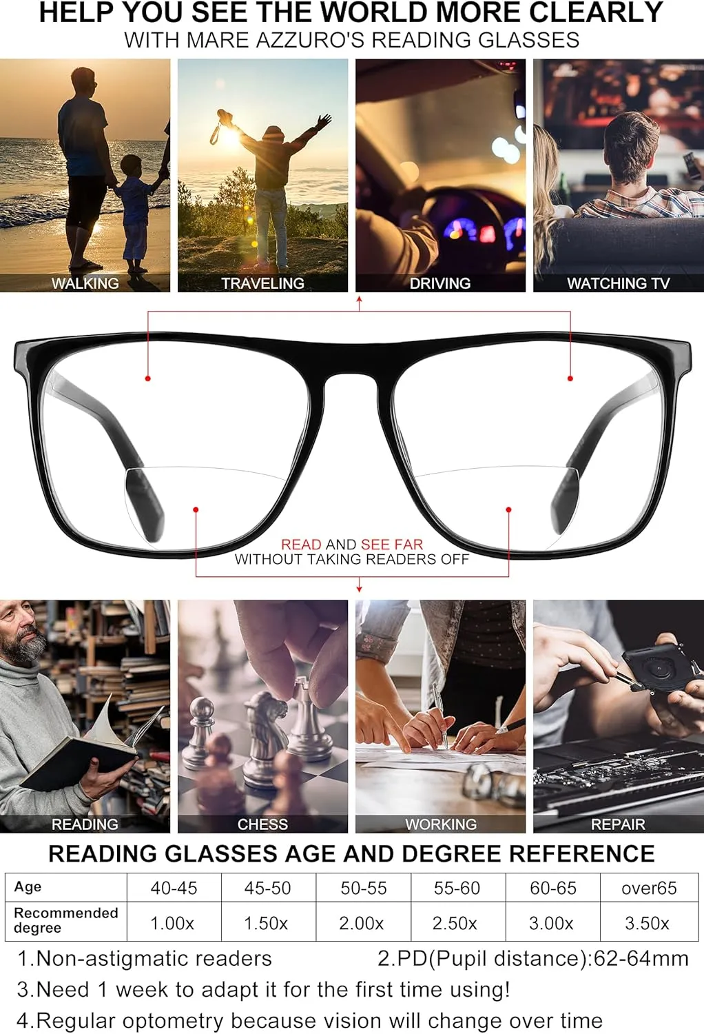 MARE AZZURO Oversized Computer Reading Glasses Men Blue Light Blocking Reader 0 1.0 1.5 2.0 2.5 3.0 3.5 (Black, 0)