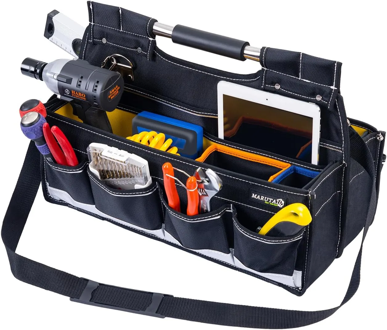 MARUTAI 20in Open Top Tool Bag, Tool Tote Bag with Handle，19 Pockets Large Foldable Tool Bag Organizer， Tools Bags for Men Heavy Duty for Electricians, Plumbers