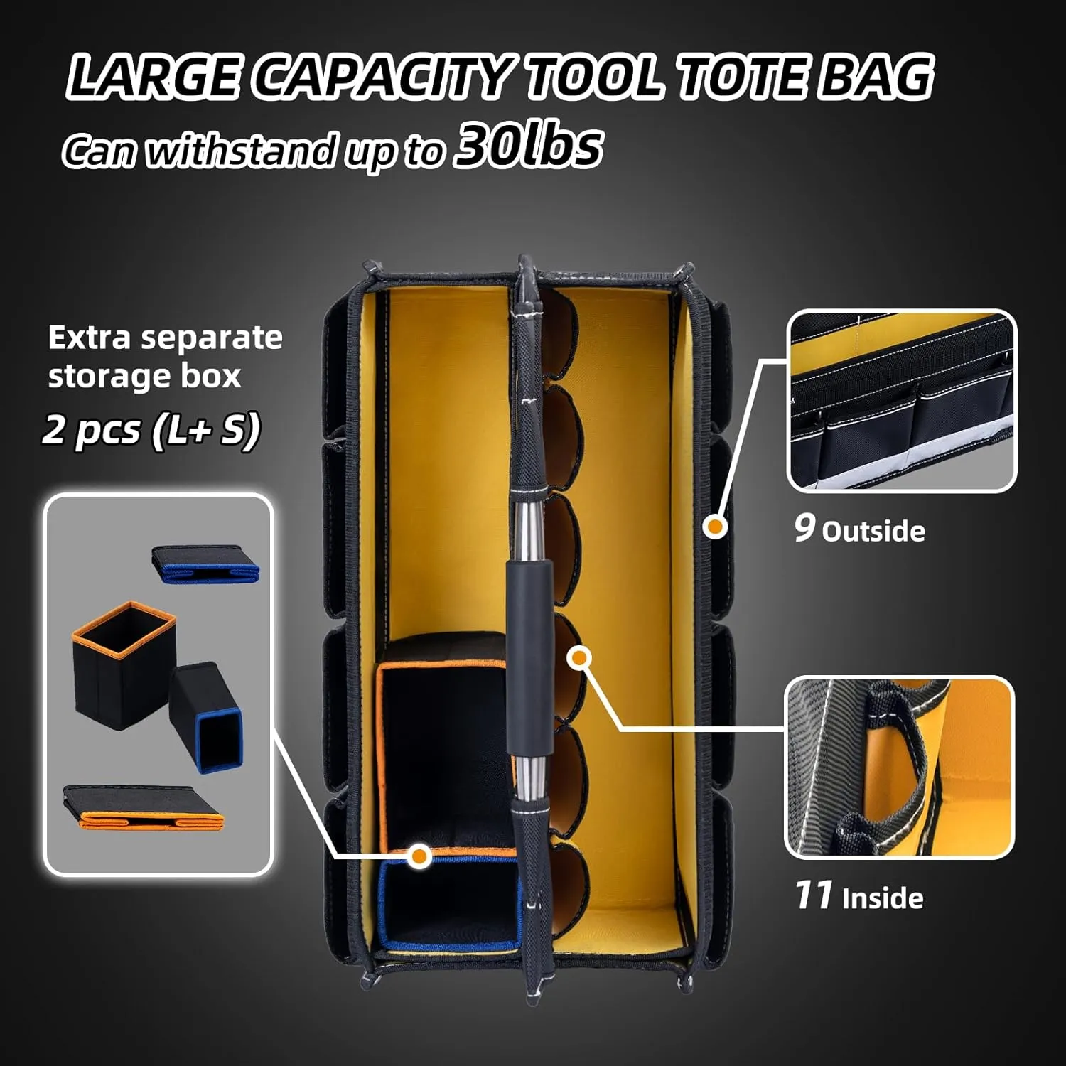 MARUTAI 20in Open Top Tool Bag, Tool Tote Bag with Handle，19 Pockets Large Foldable Tool Bag Organizer， Tools Bags for Men Heavy Duty for Electricians, Plumbers