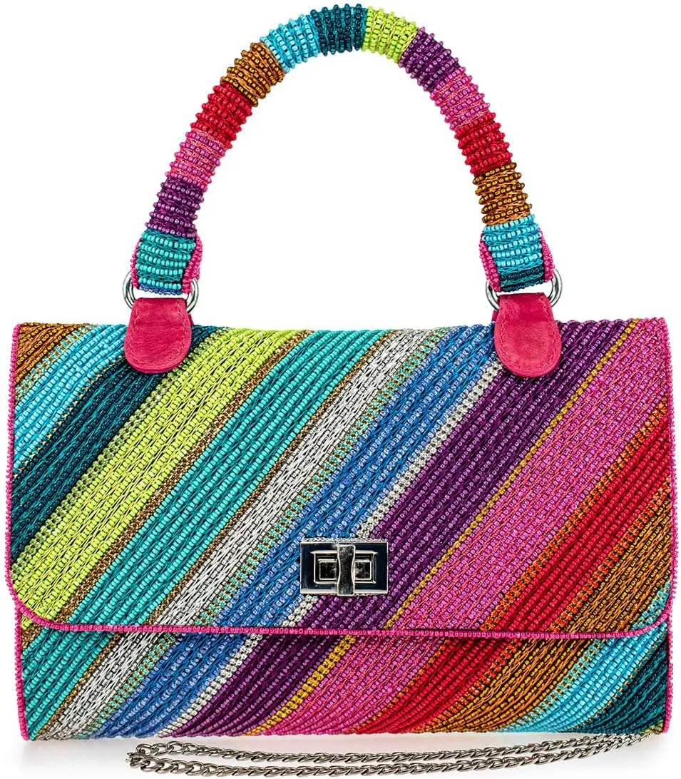 Mary Frances Out of Line Beaded Crossbody Handbag Rainbow-Hued Top Handle Statement Purse, Multicolor