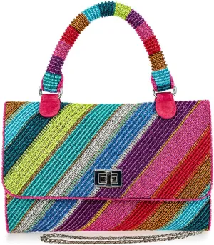 Mary Frances Out of Line Beaded Crossbody Handbag Rainbow-Hued Top Handle Statement Purse, Multicolor