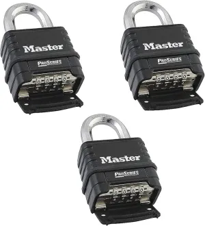 MasterLock 1178D Combination Padlock, Die Cast Body, 3 Pack Black/Silver (Keyed Different)