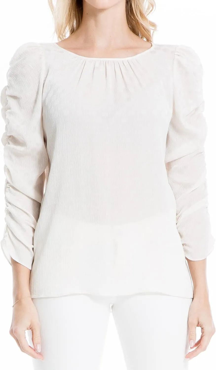 Max Studio Women's Jacquard Shine Dot Ruched Sleeves Blouse