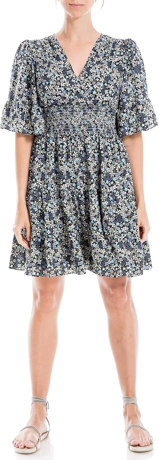 Max Studio Women's Petite Crepe Sleeve Tiered Short Dress