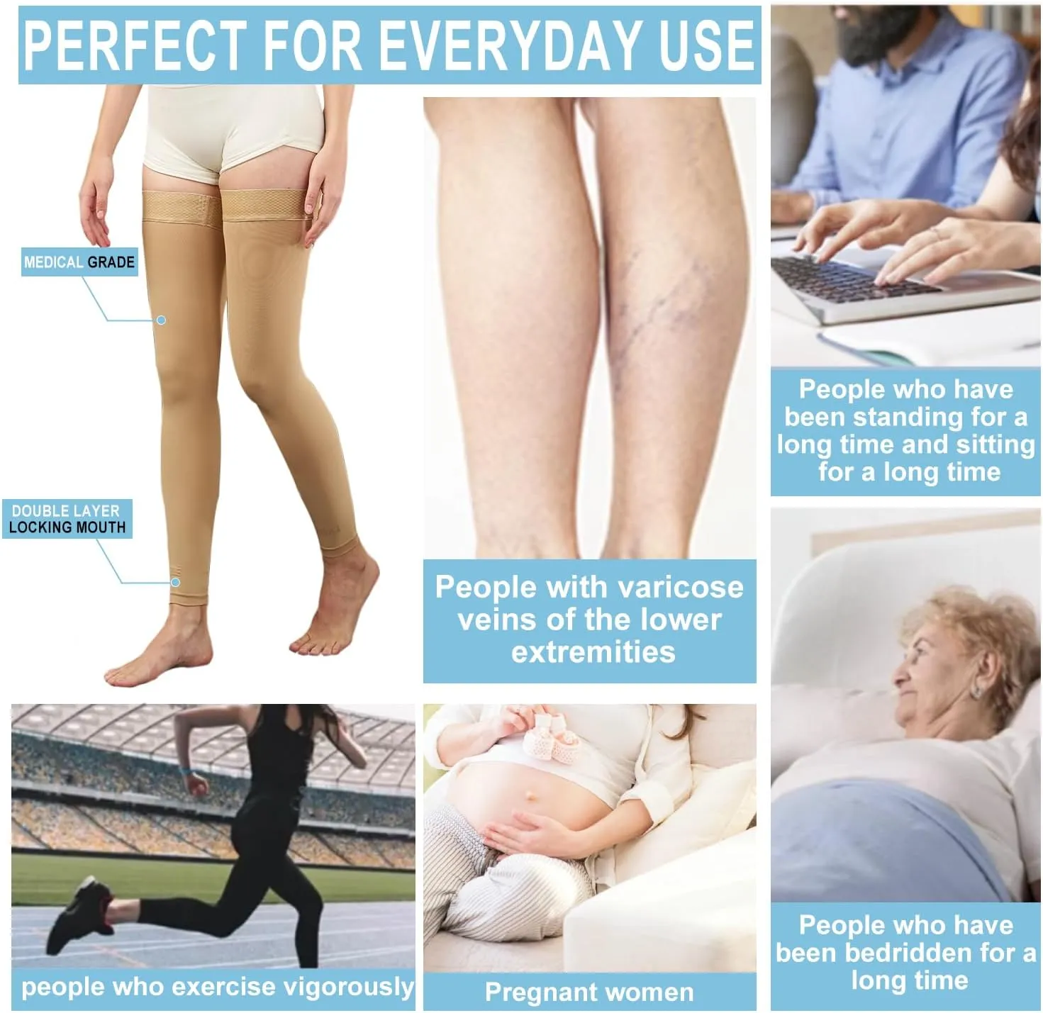 Medical Thigh High Compression Socks Footless for Women and Men (Pair), 15-20 mmHg with Silicone Dot Band, Medical Compression Stockings for Varicose Veins