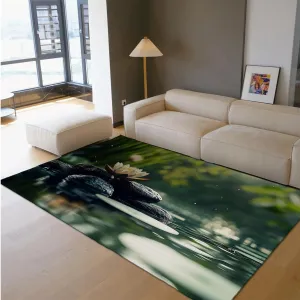 Meditation Style Area Rugs 5'x7' - Black Stone Lotus in Bamboo Forest Hot Spring in The Mountains Pattern Low Pile Thin Carpet for Porch