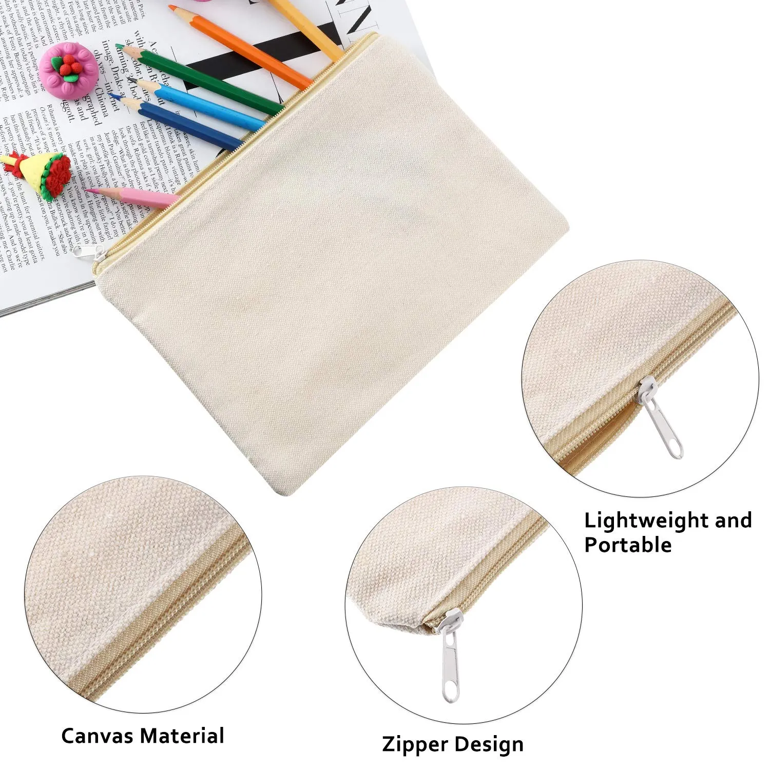 meekoo 16 Pack Canvas Blank Cosmetics Bag Multi-Purpose Zipper Canvas Makeup Pouches Travel Toiletry Pouches Pen Pencil Plain DIY Craft Bag(L,Beige)