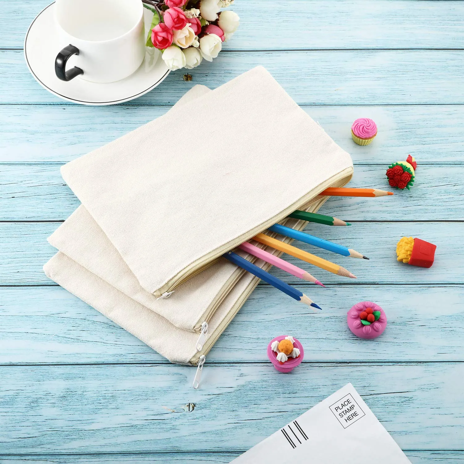 meekoo 16 Pack Canvas Blank Cosmetics Bag Multi-Purpose Zipper Canvas Makeup Pouches Travel Toiletry Pouches Pen Pencil Plain DIY Craft Bag(L,Beige)