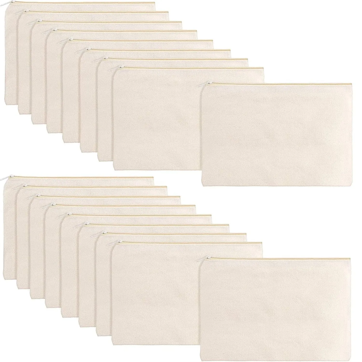meekoo 16 Pack Canvas Blank Cosmetics Bag Multi-Purpose Zipper Canvas Makeup Pouches Travel Toiletry Pouches Pen Pencil Plain DIY Craft Bag(L,Beige)