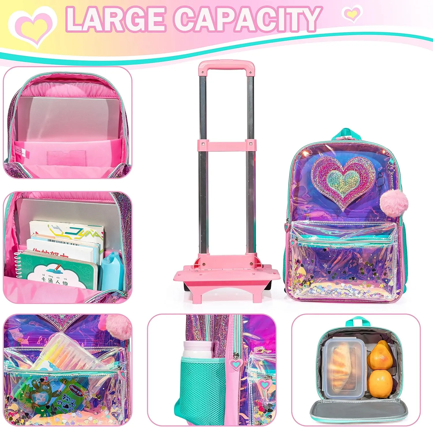 Meetbelify Girls Rolling Backpack Sequin Rolling Backpacks with Wheels for Girls for Elementary School Bag