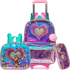 Meetbelify Girls Rolling Backpack Sequin Rolling Backpacks with Wheels for Girls for Elementary School Bag