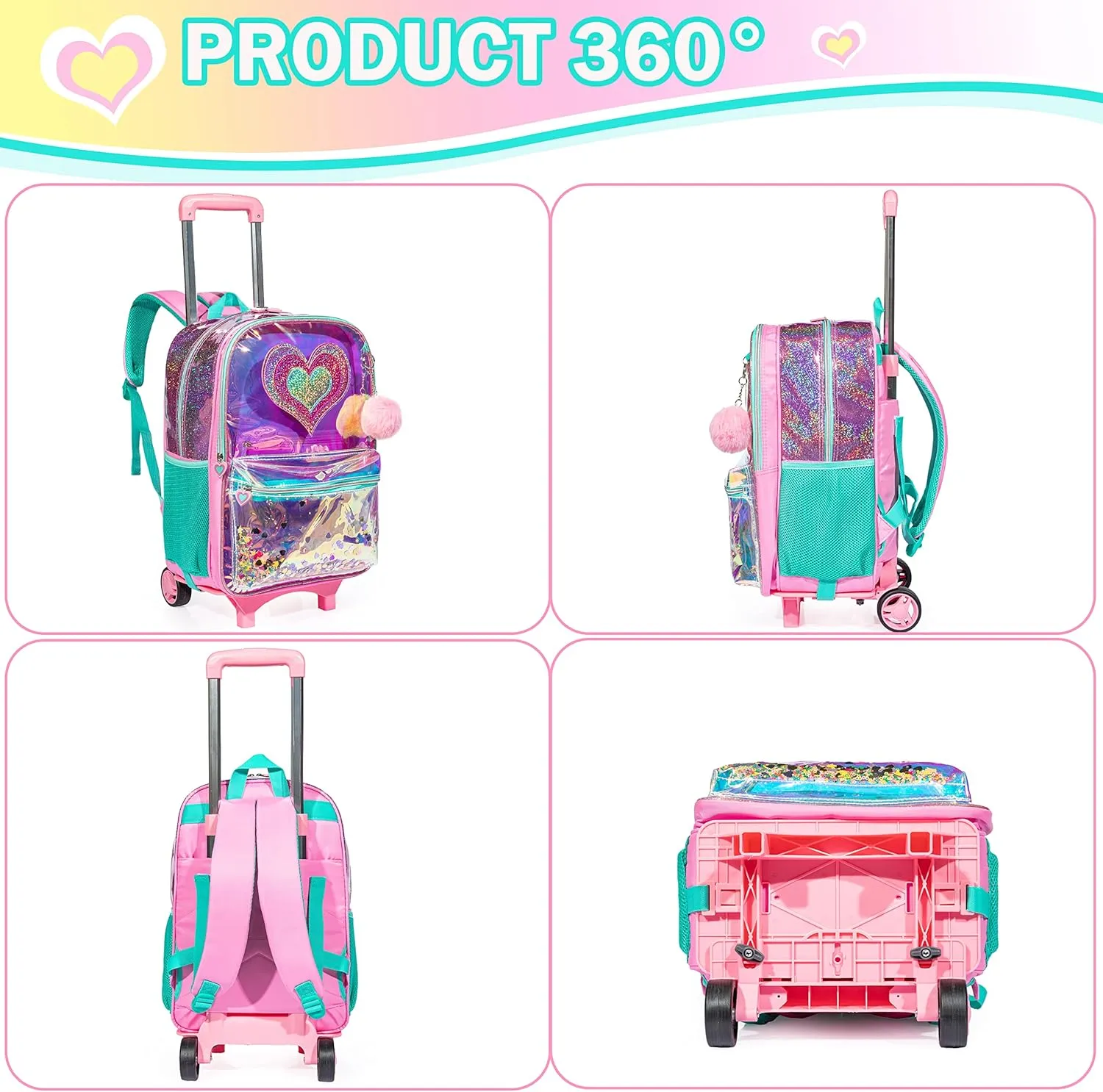 Meetbelify Girls Rolling Backpack Sequin Rolling Backpacks with Wheels for Girls for Elementary School Bag