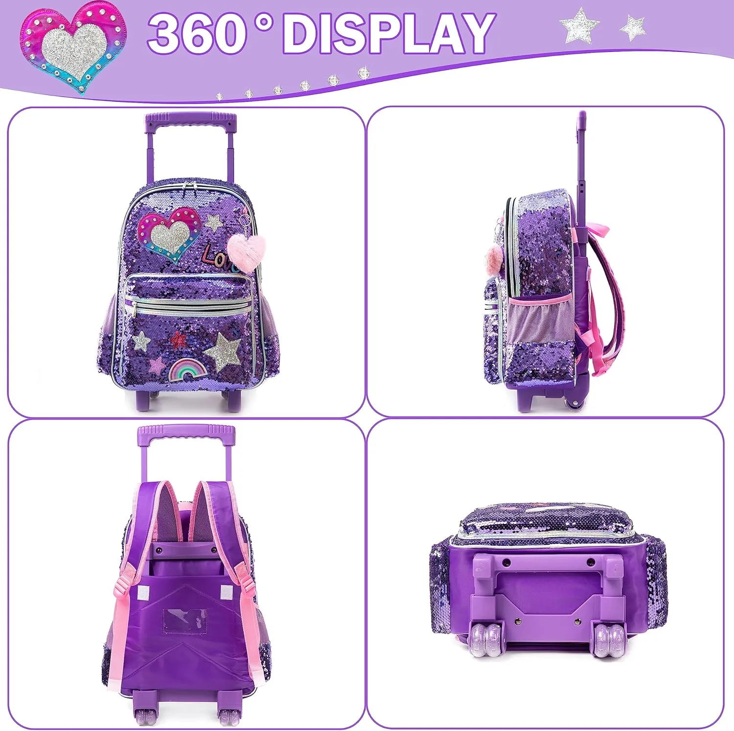 Meetbelify Rolling Backpack for Girls School Backpack with Wheels Kids Sequin Roller Luggage for Elementary Kindergarten Students with Lunch Box Pencil Case for Girls 5-12 Years Old