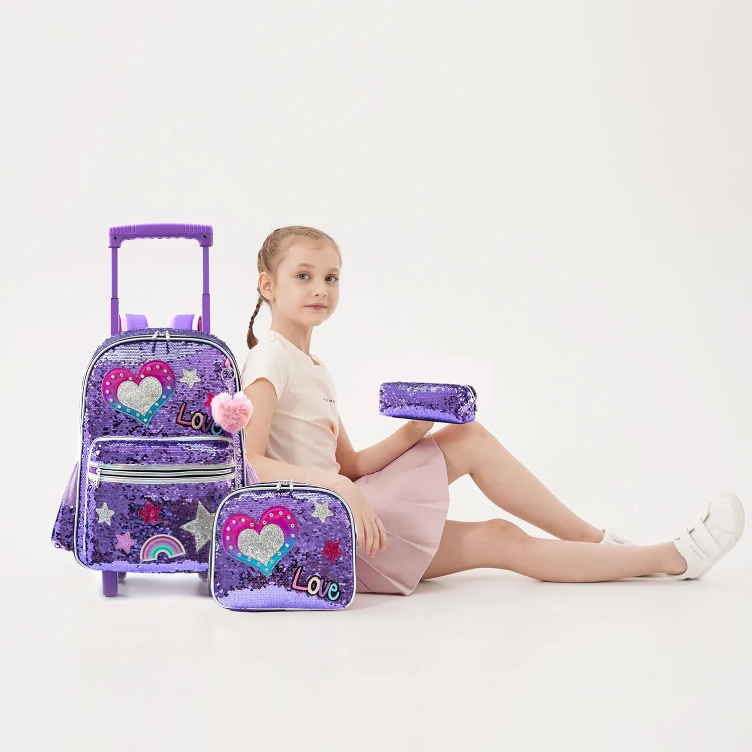 Meetbelify Rolling Backpack for Girls School Backpack with Wheels Kids Sequin Roller Luggage for Elementary Kindergarten Students with Lunch Box Pencil Case for Girls 5-12 Years Old