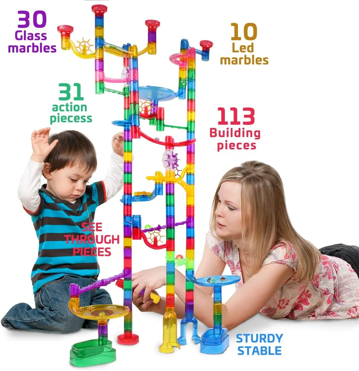 Meland Marble Run Sets for Kids - 153Pcs Marble Race Track Marble Maze Madness Game STEM Building Tower Toy for 4 5 6   Year Old Boys Girls(113 Pcs   30 Glass   10 Led Lighted Marbles)
