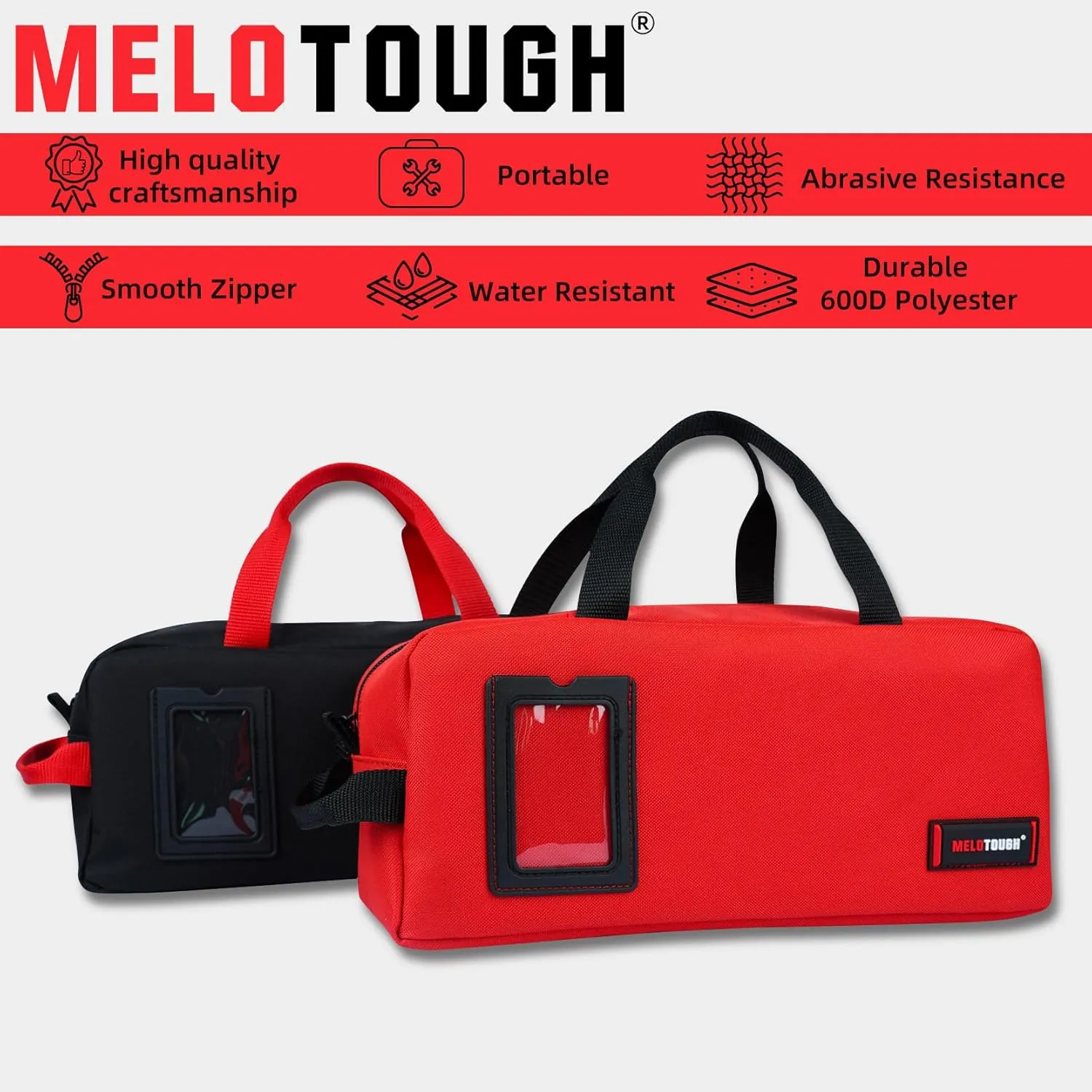 MELOTOUGH Canvas Tool Bags 14 Inch Tool Tote Bag with Zipper Heavy Duty Portable Tool Bag Organizer for Electrician,Technician,Mechanic(Black&Red)