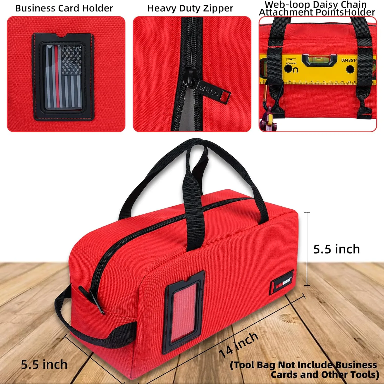 MELOTOUGH Canvas Tool Bags 14 Inch Tool Tote Bag with Zipper Heavy Duty Portable Tool Bag Organizer for Electrician,Technician,Mechanic(Black&Red)