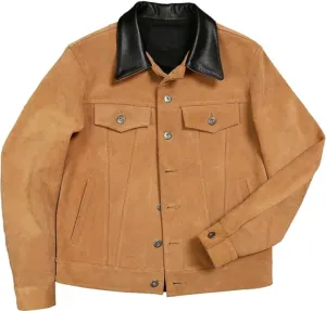 Men’s Brown Trucker Genuine Suede Turn Down Collar Casual Classic Western Fashionable Leather Jacket (as1, alpha, s, regular, regular)