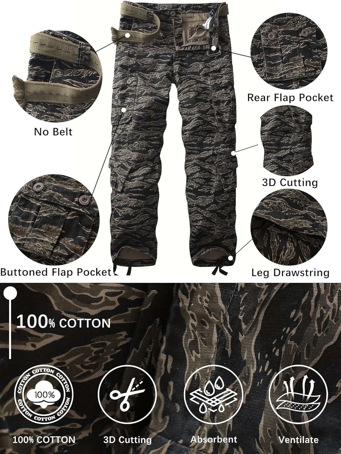 Men's Camo BDU Cargo Tactical Ripstop Casual Lightweight Baggy Combat 100% Cotton Pants with 8 Pockets(No Belt)