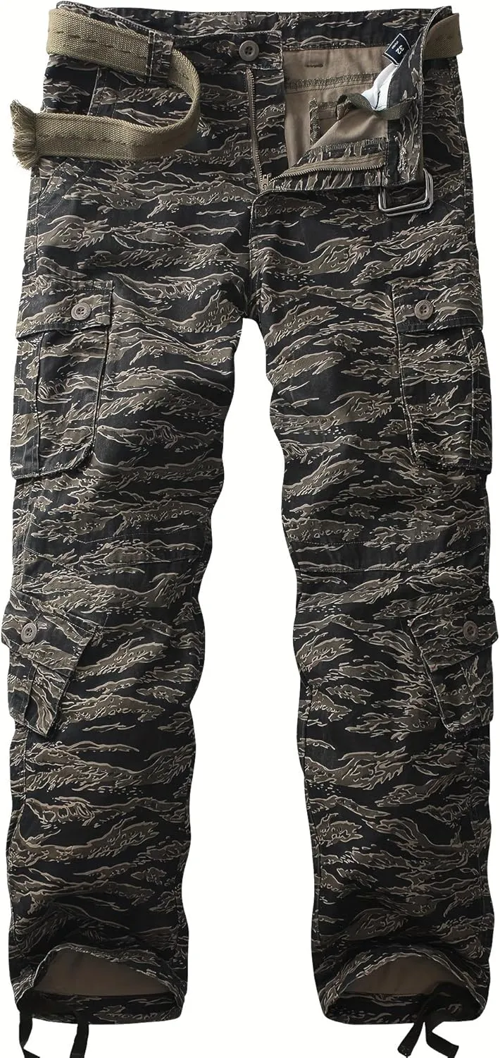 Men's Camo BDU Cargo Tactical Ripstop Casual Lightweight Baggy Combat 100% Cotton Pants with 8 Pockets(No Belt)