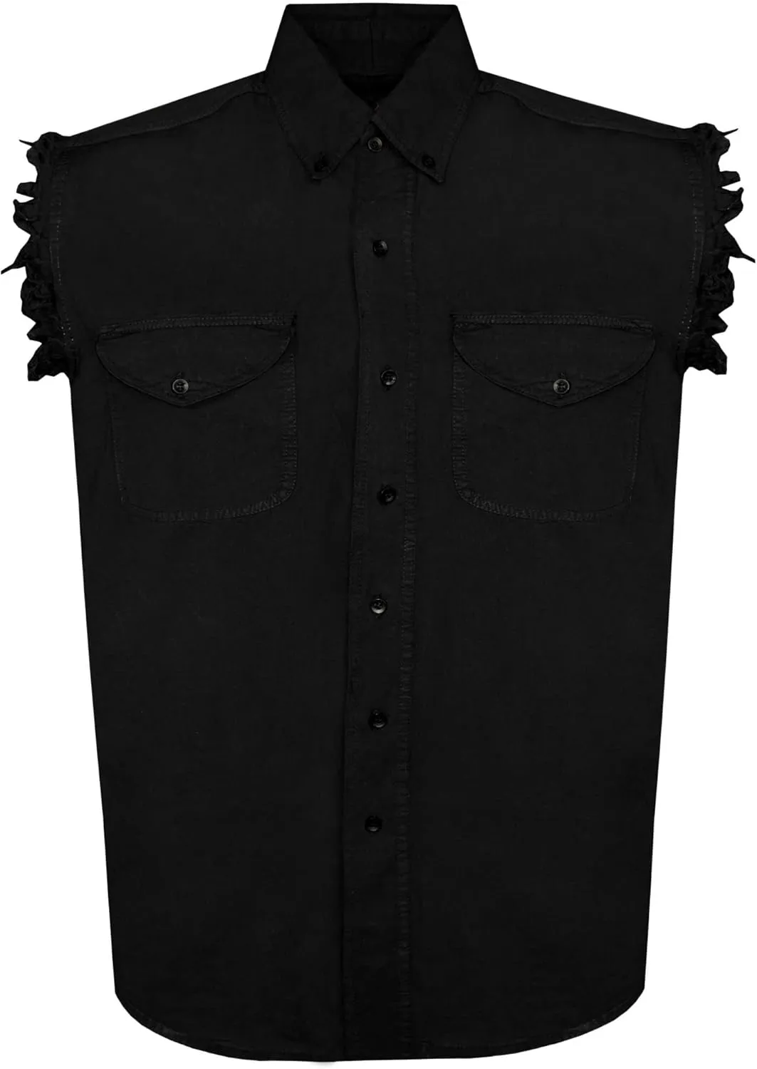 Mens Classic Light Weight Cotton Cut Off Button Down Sleeveless Shirt with Frayed Sleeves Many Colors
