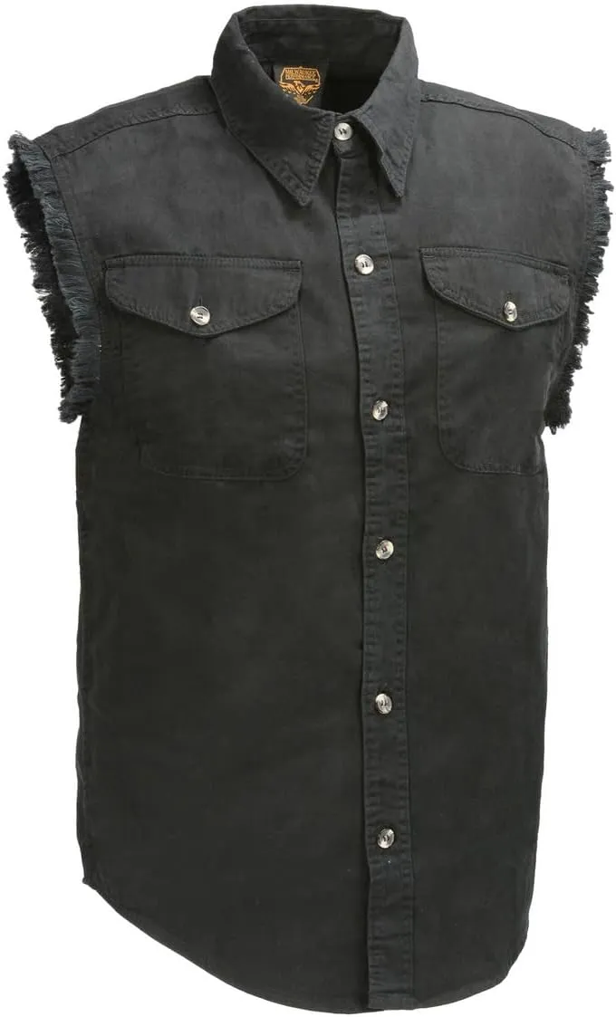 Mens Classic Light Weight Cotton Cut Off Button Down Sleeveless Shirt with Frayed Sleeves Many Colors