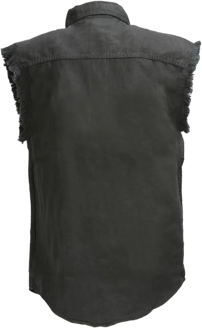 Mens Classic Light Weight Cotton Cut Off Button Down Sleeveless Shirt with Frayed Sleeves Many Colors