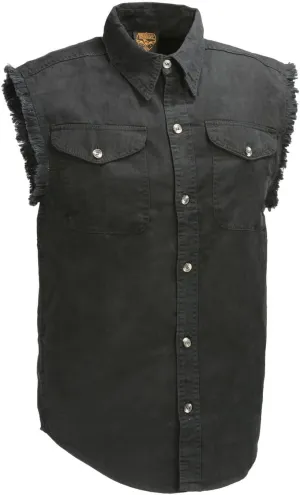 Mens Classic Light Weight Cotton Cut Off Button Down Sleeveless Shirt with Frayed Sleeves Many Colors