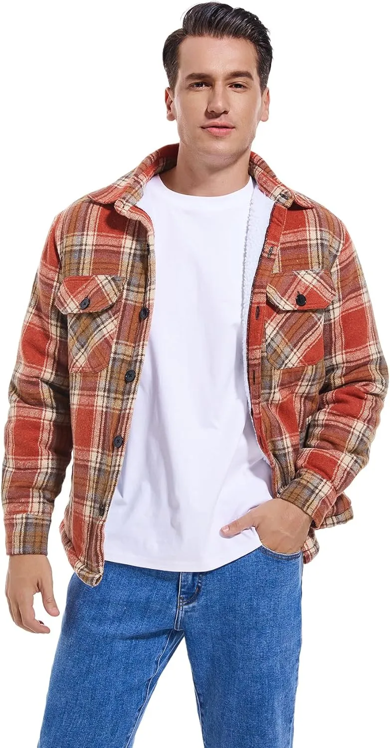 Men's Cotton Flannel Shirt Jacket Fleece Lined Long Sleeve Plaid Shirt for Men