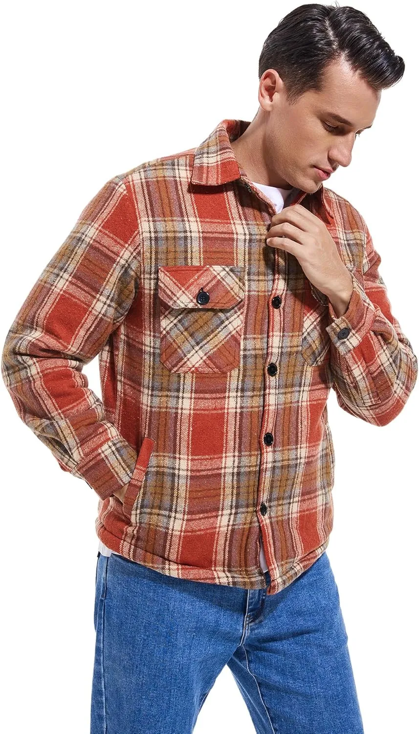 Men's Cotton Flannel Shirt Jacket Fleece Lined Long Sleeve Plaid Shirt for Men