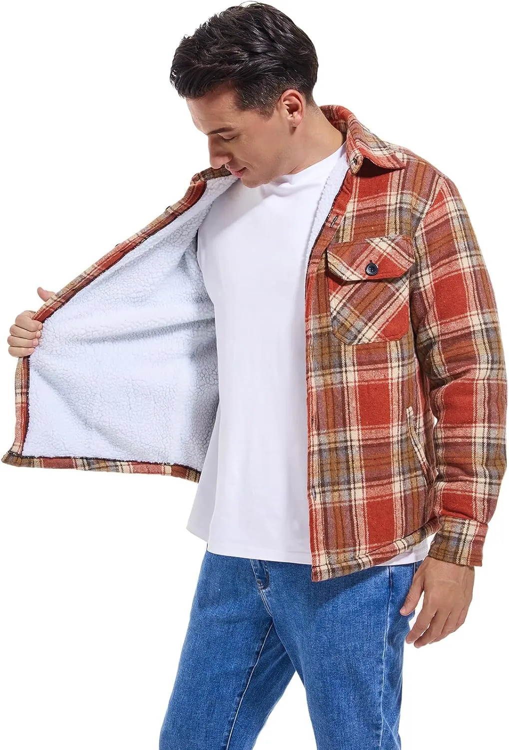 Men's Cotton Flannel Shirt Jacket Fleece Lined Long Sleeve Plaid Shirt for Men
