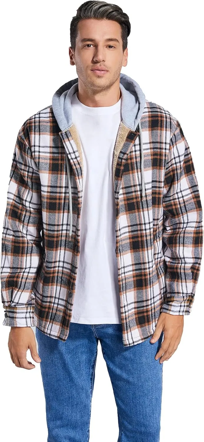 Men's Cotton Plaid Shirts Jacket Fleece Lined Flannel Shirts Sherpa Button Down Jackets with Hood for Men