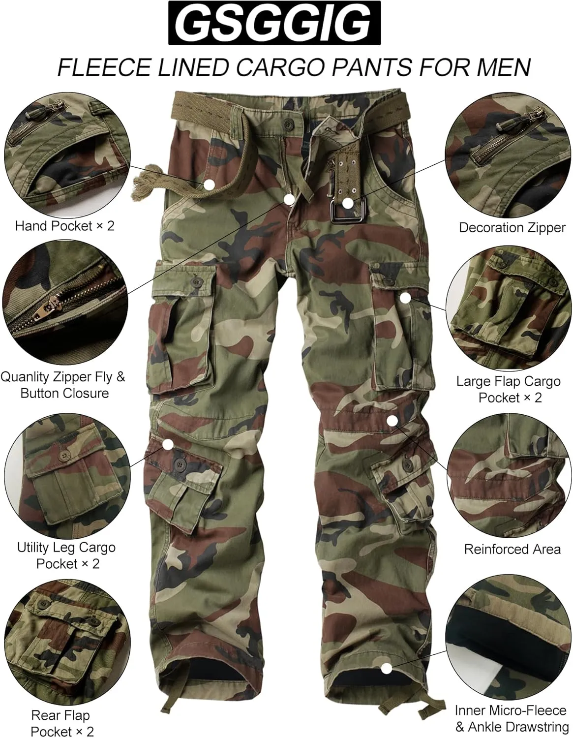 Men's Fleece Lined Hiking Pants, Winter Camo Cargo Pants Army Casual Work Ski Pants for Men with 8 Pockets No Belt