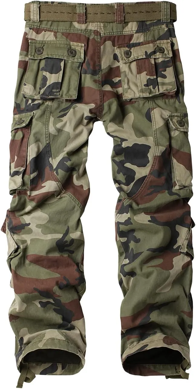 Men's Fleece Lined Hiking Pants, Winter Camo Cargo Pants Army Casual Work Ski Pants for Men with 8 Pockets No Belt