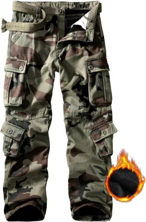 Men's Fleece Lined Hiking Pants, Winter Camo Cargo Pants Army Casual Work Ski Pants for Men with 8 Pockets No Belt