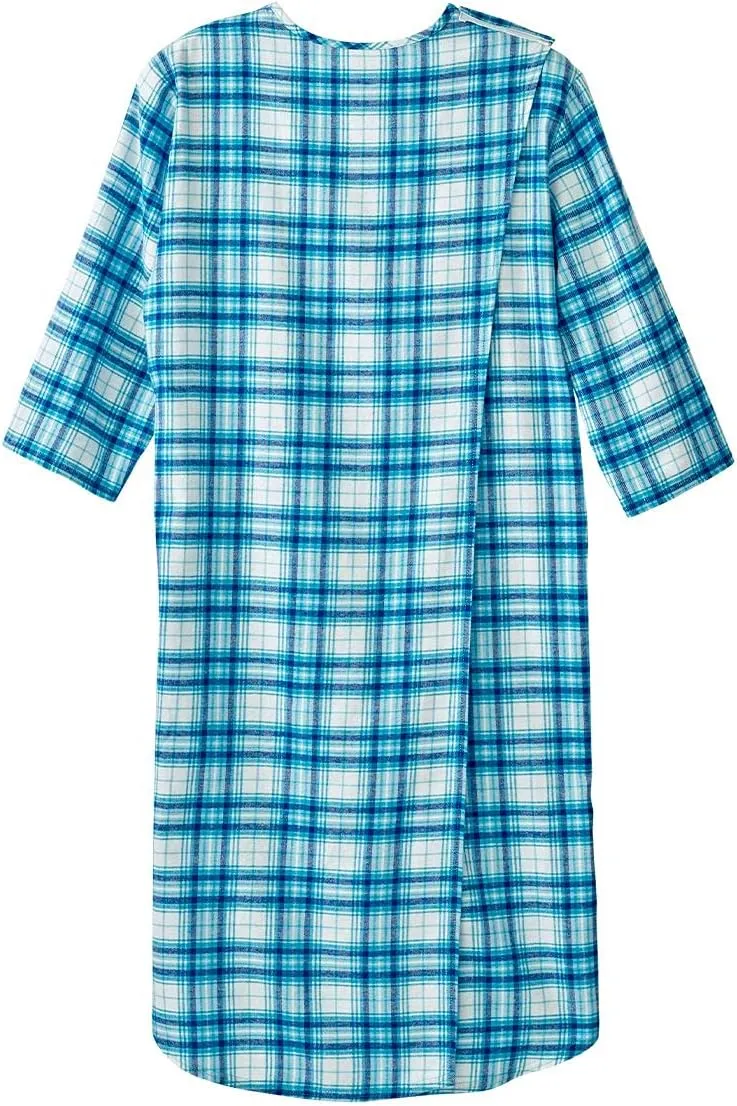 Men’s Open Back Adaptive Flannel Nightgown for Seniors - Back Snap Nightgowns with Dome Closure
