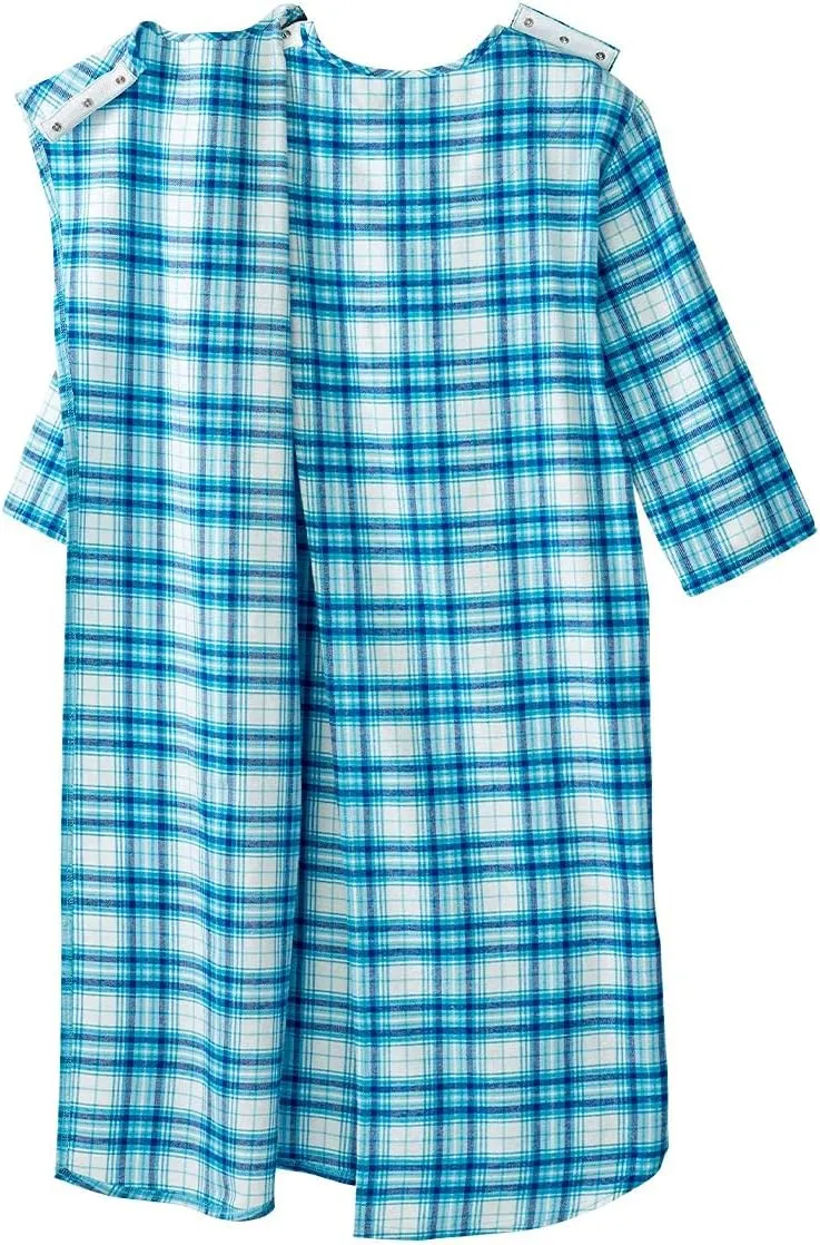 Men’s Open Back Adaptive Flannel Nightgown for Seniors - Back Snap Nightgowns with Dome Closure