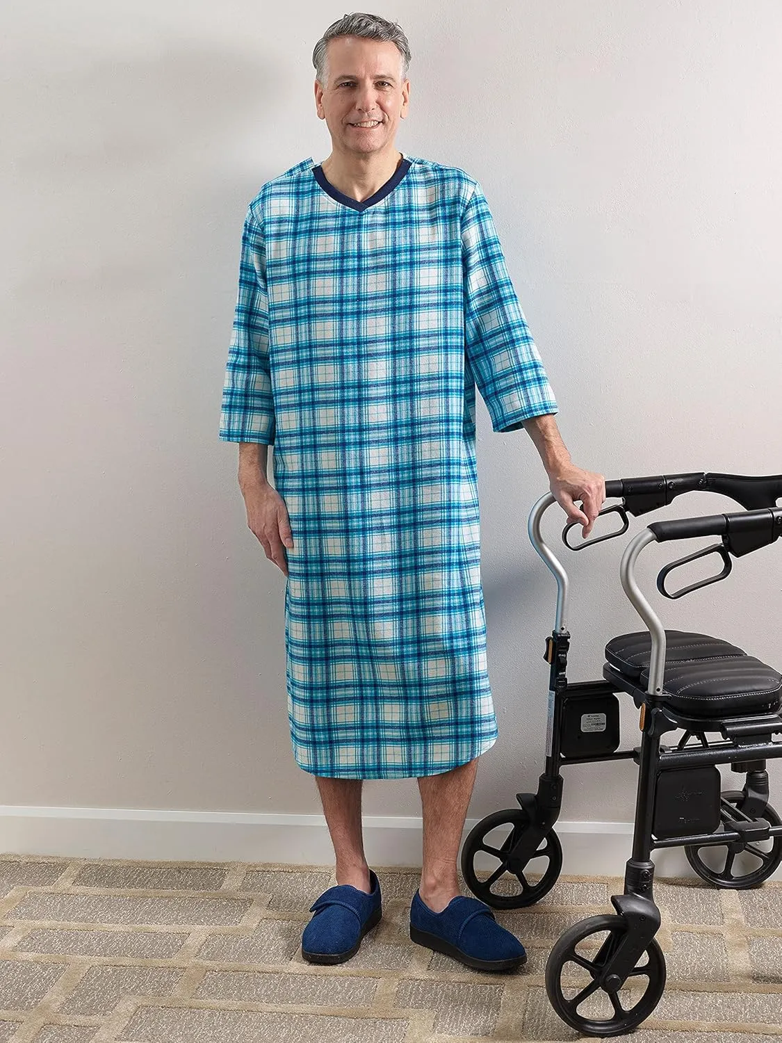 Men’s Open Back Adaptive Flannel Nightgown for Seniors - Back Snap Nightgowns with Dome Closure