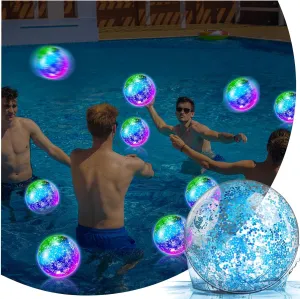 Meooeck 16 Pcs Light up Beach Balls LED Beach Balls 9 Inch Confetti Glitters Inflatable Glow in The Dark Pool Toys Bulk Pool Balls for Teens Adults Summer Party Favors (Blue)
