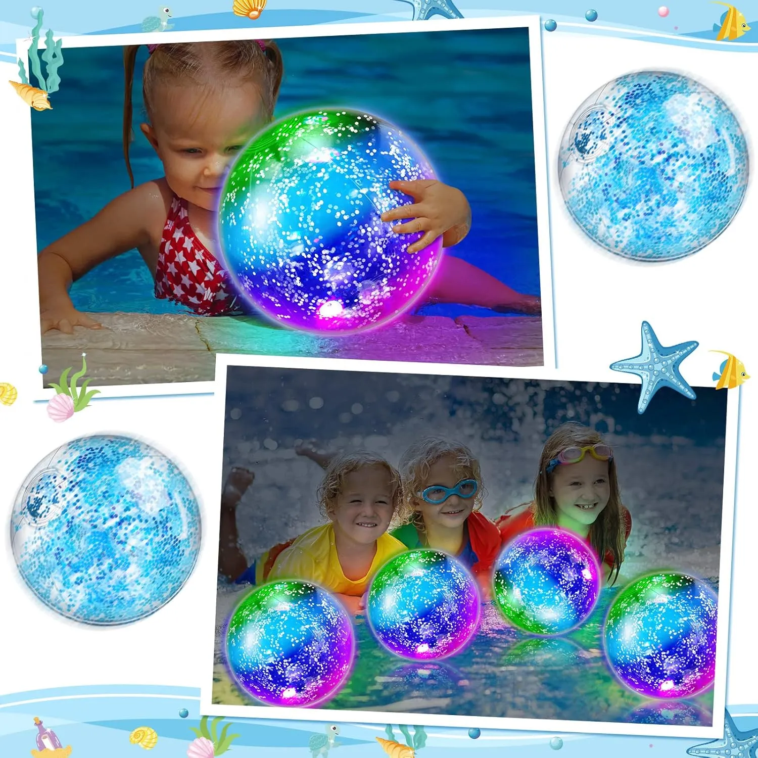 Meooeck 16 Pcs Light up Beach Balls LED Beach Balls 9 Inch Confetti Glitters Inflatable Glow in The Dark Pool Toys Bulk Pool Balls for Teens Adults Summer Party Favors (Blue)