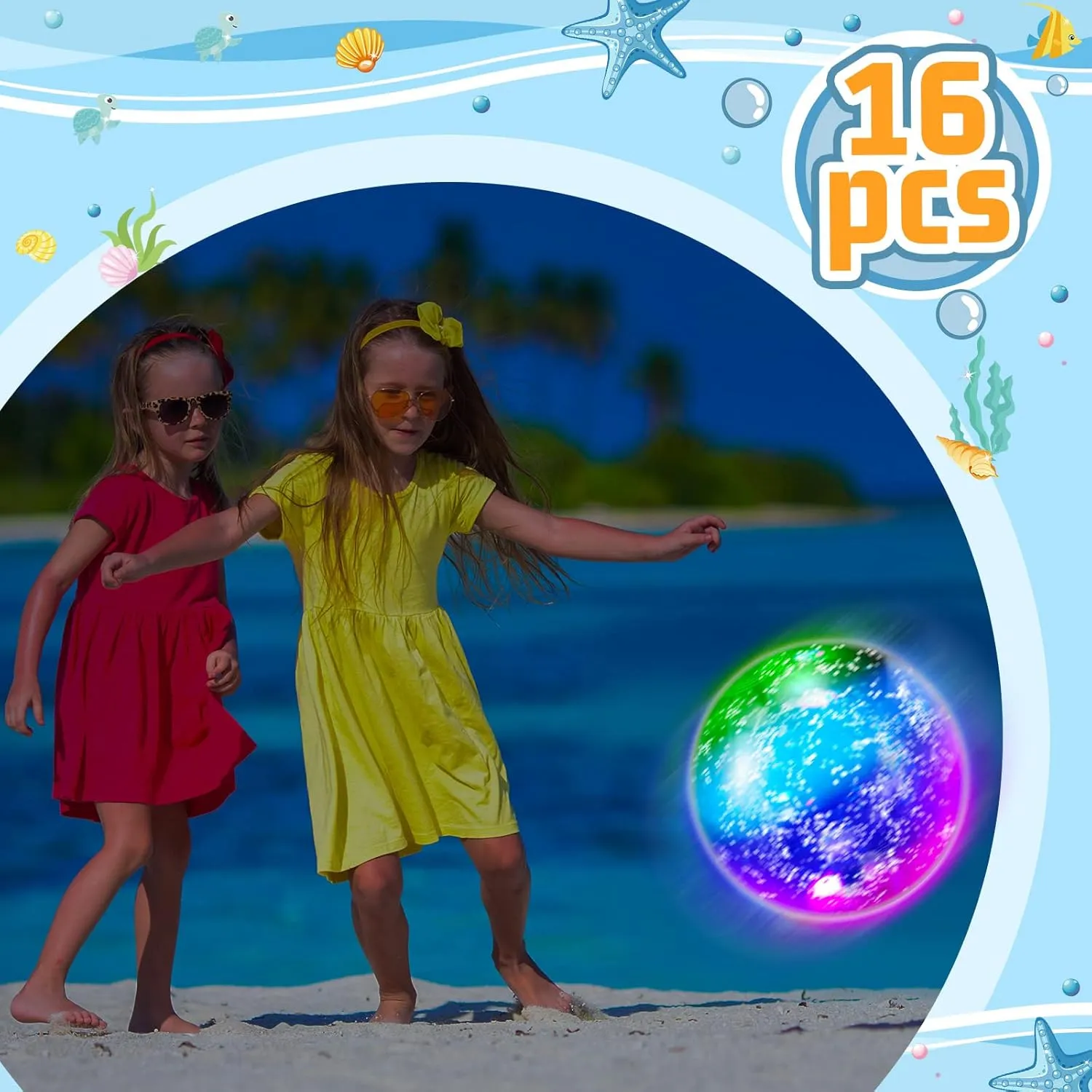 Meooeck 16 Pcs Light up Beach Balls LED Beach Balls 9 Inch Confetti Glitters Inflatable Glow in The Dark Pool Toys Bulk Pool Balls for Teens Adults Summer Party Favors (Blue)