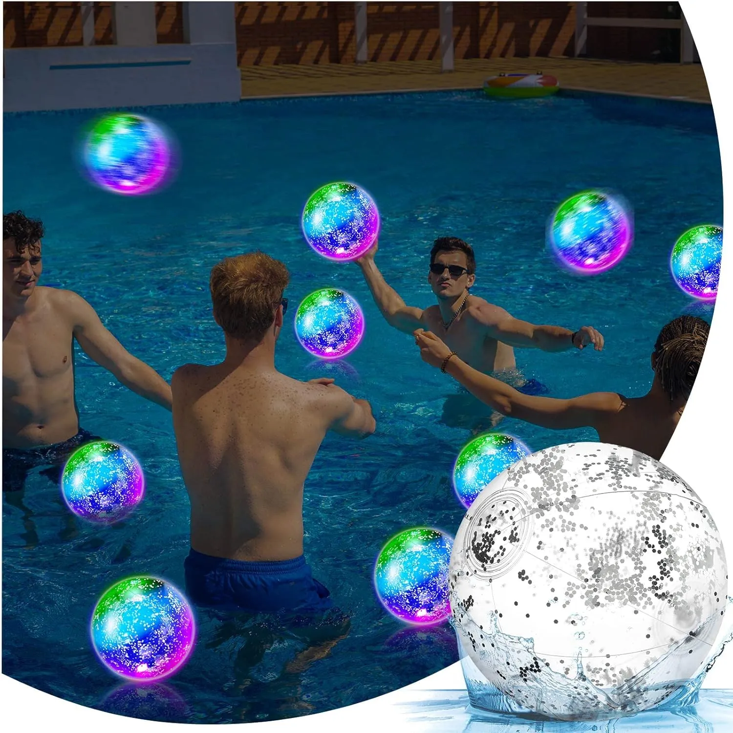 Meooeck 16 Pcs Light up Beach Balls LED Beach Balls 9 Inch Confetti Glitters Inflatable Glow in The Dark Pool Toys Bulk Pool Balls for Teens Adults Summer Party Favors (Silver)