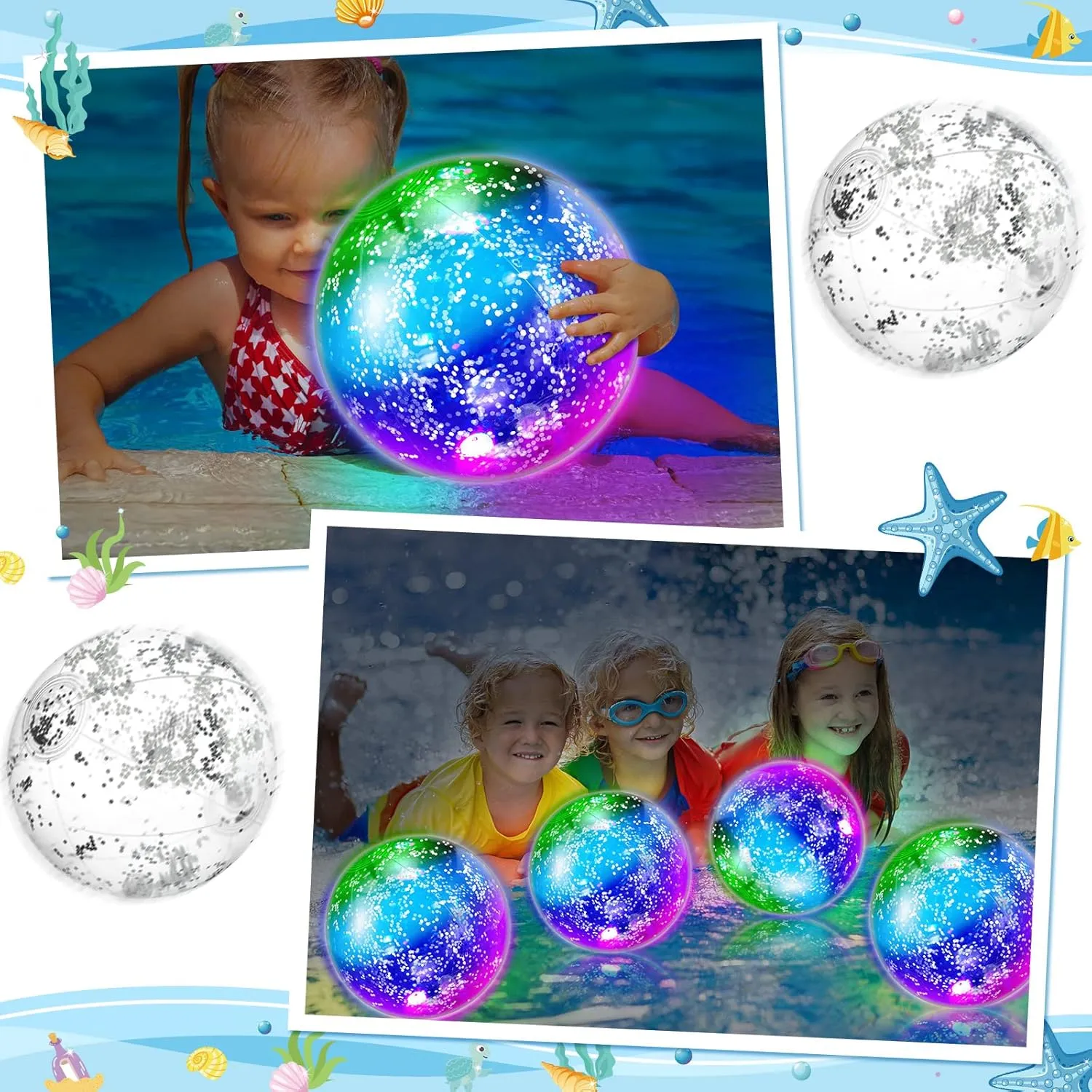 Meooeck 16 Pcs Light up Beach Balls LED Beach Balls 9 Inch Confetti Glitters Inflatable Glow in The Dark Pool Toys Bulk Pool Balls for Teens Adults Summer Party Favors (Silver)