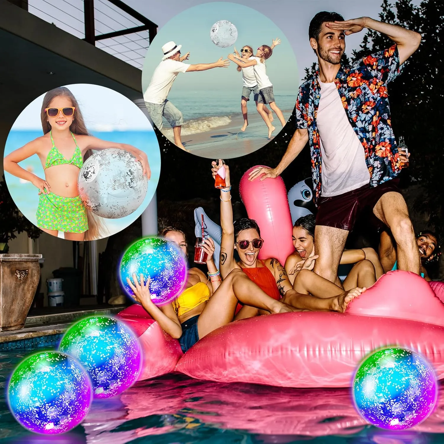 Meooeck 16 Pcs Light up Beach Balls LED Beach Balls 9 Inch Confetti Glitters Inflatable Glow in The Dark Pool Toys Bulk Pool Balls for Teens Adults Summer Party Favors (Silver)