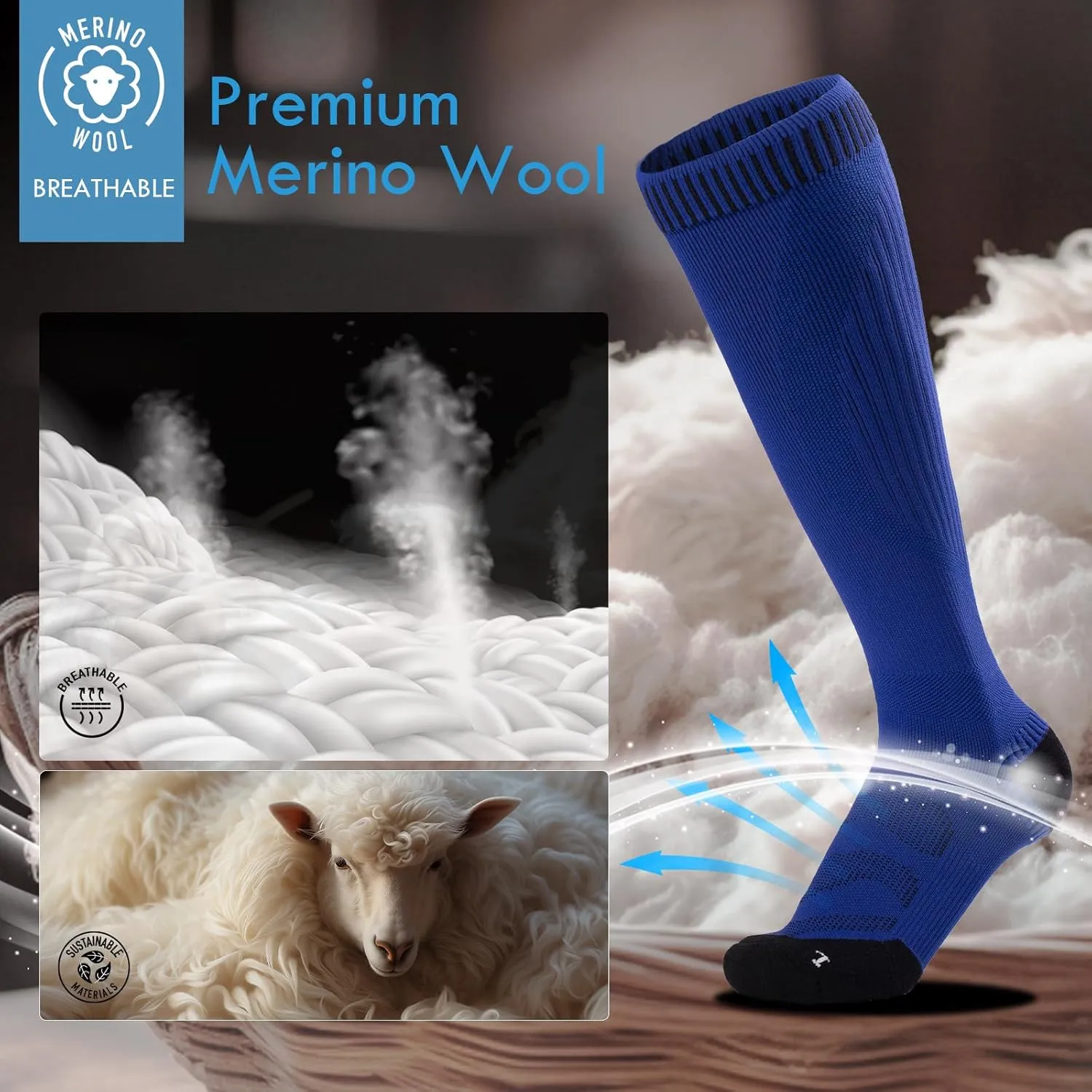 Merino Wool Compression Socks for Women Men 2 Pairs 20-30mmhg Wide Calf Plus Size Cushion Arch Support Nurse Pregnant