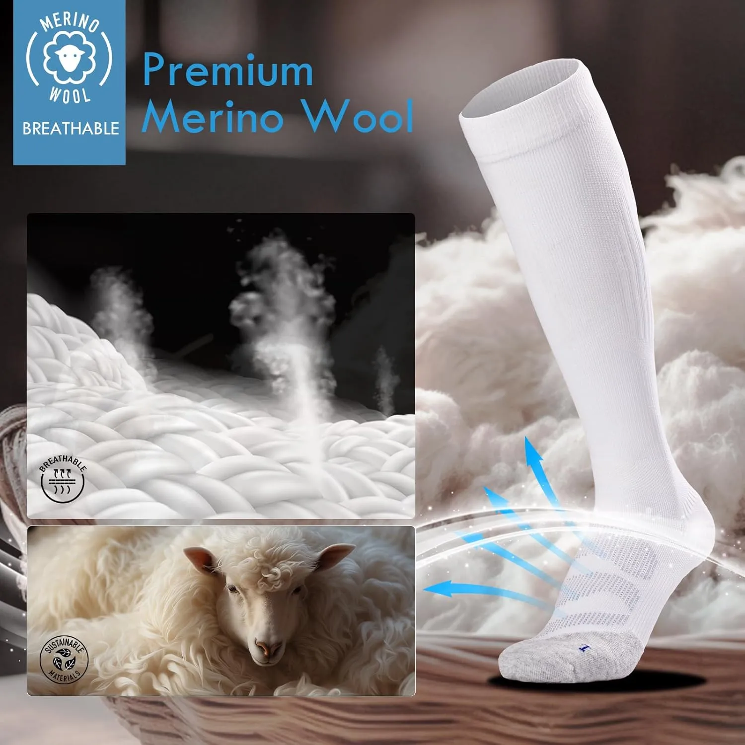 Merino Wool Compression Socks for Women Men 2 Pairs 20-30mmhg Wide Calf Plus Size Cushion Arch Support Nurse Pregnant