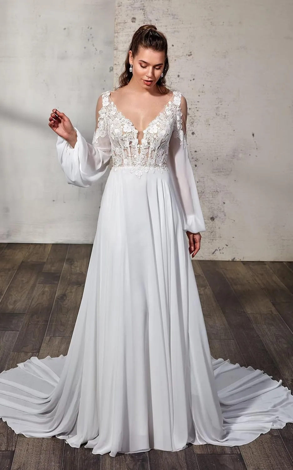 Miao Duo Women's Elegant Lace Beach Wedding Dresses for Bride 2025 with Sleeves Wedding Bridal Gowns YZTS014