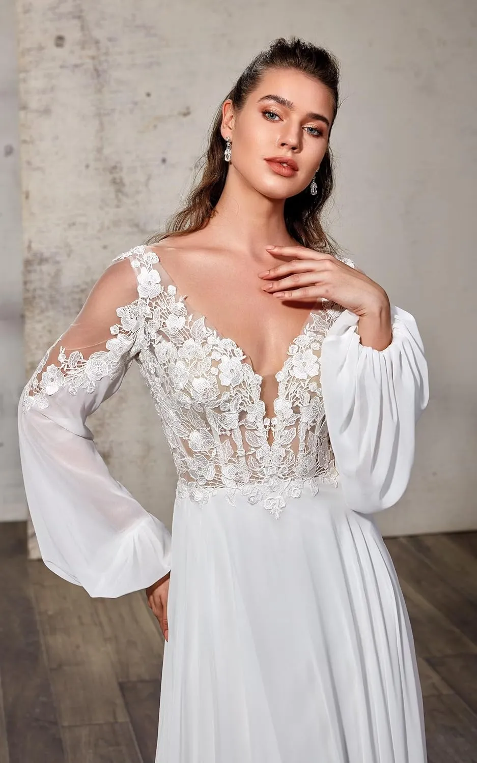 Miao Duo Women's Elegant Lace Beach Wedding Dresses for Bride 2025 with Sleeves Wedding Bridal Gowns YZTS014